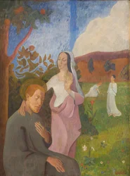 Image décorative. La vision de Saint François avec les trois vierges blanches