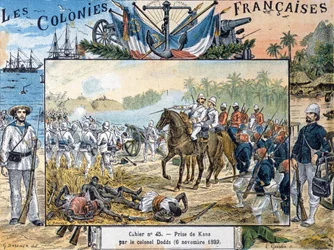 Le siège de Kana par le général Alfred-Amédée Dodds (1842-1922) 6 novembre 1892, gravé par L. Geisler