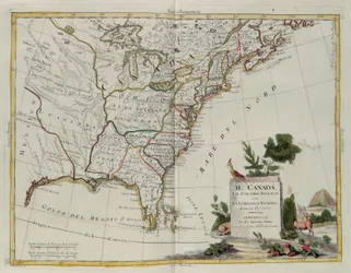 Canada, les colonies anglaises avec la Louisiane et la Floride, gravure par G. Zuliani tirée du Tome I du Nouvel Atlas publié à Venise en 1778 par Antonio Zatta, Collection Privée