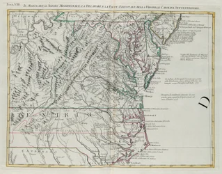 Maryland, sud du New Jersey, Delaware et partie orientale de la Virginie et de la Caroline du Nord, gravure de G. Zuliani tirée du Tome I du "Nouvel Atlas" publié à Venise en 1778 par Antonio Zatta, Collection privée