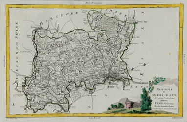 Province de Middlesex, gravure de G. Zuliani tirée du Tome I du "Nouvel Atlas" publié à Venise en 1779 par Antonio Zatta, Collection privée