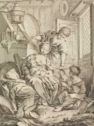 Planche 1 : Jeune femme nourrissant son nourrisson, du Premier Livre de Sujets et Pastorales
