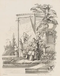 Femme assise avec enfants et serviteurs