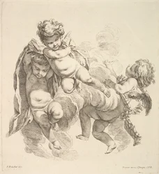 Trois Enfants Parmi les Nuages Portant une Draperie, 1738-45