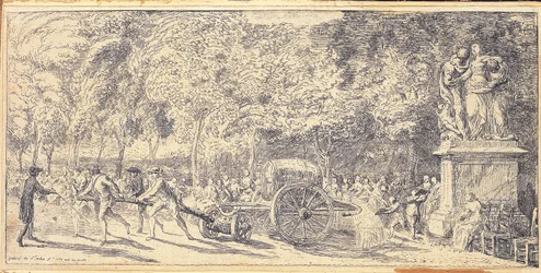 Figures tirant un tonneau sur un chariot dans les jardins des Tuileries, 1760