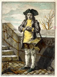 Vieux métiers : le cireur de chaussures. Gravure par Gabriel de Saint Aubin (1724-1780) 18e siècle Paris, musée Carnavalet