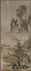 Paysage : montagnes, ruisseau et maisons