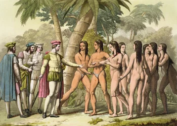 Christophe Colomb (1451-1506) avec Hernán Cortés (1485-1547) recevant en cadeau une jeune Indienne d