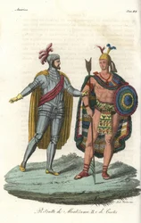 Hernan Cortes rencontrant Montezuma II en 1519