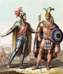 La rencontre entre Hernán Cortés (1485-1547) et Montezuma II (1466-1520), extraite de «Le Costume Ancien ou Moderne» de Jules Ferrario, Milan, vers 1820
