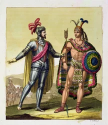 La rencontre entre Hernando Cortés (1485-1547) et Montezuma II (1466-1520), tiré de «Le Costume Ancien et Moderne», volume I, planche 63, par Jules Ferrario, publié vers 1820-30