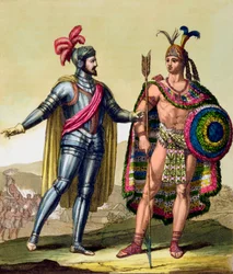 La rencontre entre Hernando Cortés et Moctezuma II, Mexique, 1519, vers 1820-1839