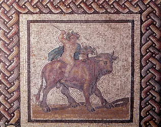 Art gallo-romain : pavement en mosaïque représentant un calendrier rustique. Allégorie du Printemps chevauchant un taureau. Fin IIe, début IIIe siècle après J.-C. De Saint-Romain-en-Gal (Rhône). Saint-Germain-en-Laye, Musée National d
