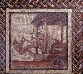 Art gallo-romain : pavement en mosaïque représentant un calendrier rustique. Un pressoir à huile. Fin du IIe, début du IIIe siècle apr. J.-C. Provenant de Saint-Romain-en-Gal (Rhône). Saint-Germain-en-Laye, Musée d