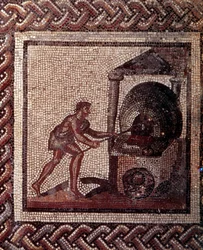 Art gallo-romain : pavement en mosaïque représentant un calendrier rustique. Scène de fabrication du pain. Fin du IIe, début du IIIe siècle apr. J.-C. Provenant de Saint-Romain-en-Gal (Rhône). Saint-Germain-en-Laye, Musée d