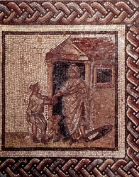 Art gallo-romain : pavement en mosaïque représentant un calendrier rustique. Scène de célébration. Fin 2e, début 3e siècle après J.-C. De Saint-Romain-en-Gal (Rhône). Saint-Germain-en-Laye, Musée national d