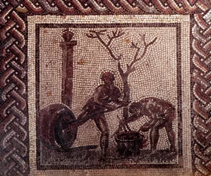Art gallo-romain : pavement en mosaïque représentant un calendrier rustique. Scène de jarre. Fin 2e, début 3e siècle après J.-C. De Saint-Romain-en-Gal (Rhône). Saint-Germain-en-Laye, Musée national d