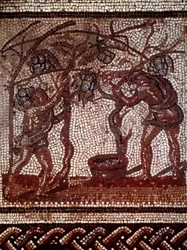 Art gallo-romain : automne : cueillette des pommes et récolte. Pavage en mosaïque représentant un calendrier rustique de Saint-Romain-en-Gal. Fin 2e-début 3e siècle. Saint-Germain-en-Laye, Musée des Antiquités