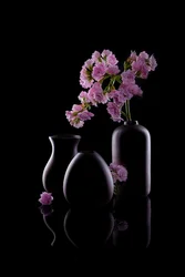 Vases sombres, fleurs roses