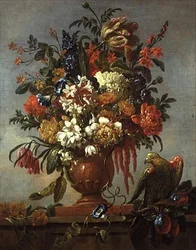 Nature morte de fleurs dans une urne, avec un perroquet rouge