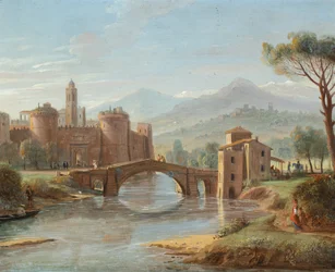 Paysage fluvial avec un pont menant à une ville fortifiée (huile sur cuivre)
