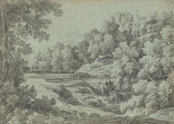 Paysage italien avec fortifications et cascade