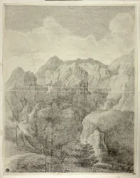 Paysage de montagne avec deux personnages au premier plan