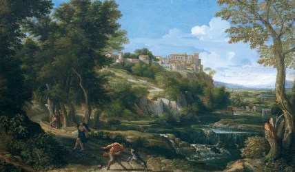 Paysage montrant un faune dansant et une nymphe