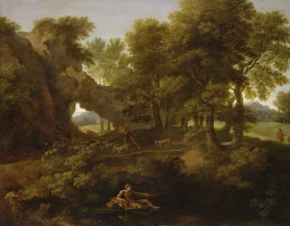 Paysage avec un pêcheur, un berger et d