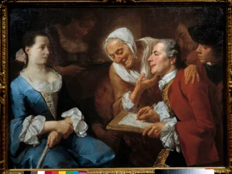 Un peintre et son modèle, derrière lui une vieille femme tend le cou pour regarder son dessin