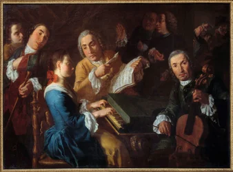 Le concert : un musicien au clavecin et un violoncelliste, peinture de Gaspare Traversi (1722-1770), XVIIIe siècle, 0,96 x 1,3 m, Rouen, Musée des Beaux-Arts.