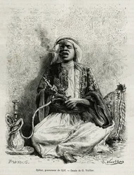 Portrait de Djohar, gouverneur du djof, fumant le narguilé (illustration de l