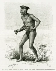 Sibou Mobang, chef des cannibales. Gravure de G. Vuillier pour illustrer le récit De Koutei a Bandjirmasin, voyage à travers Bornéo, par Carl Bock, dans Le Tour du Monde, 1890, dirigé par Edouard Charton (1807-1890), Hachette, Paris.