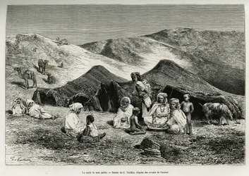 La nezla de mon guide. Gravure par G. Vuillier, pour illustrer le Sahara algérien, par V. Largeau, en 1874-1878, publiée dans le Tour du monde