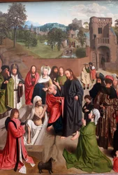 Néerlandais :  De opwekking van Lazarus La résurrection de Lazare avec un couple de donateurs et leur fille
