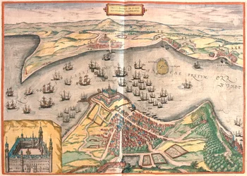 Helsingor, danois - Helsingborg, suédois - dans "Civitates Orbis Terrarum" de Georg Braun, Cologne 1617