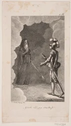 "Crois et sois ferme". Homme en armure et un vieil homme en manteau
