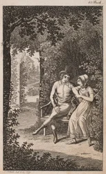 Illustration avec couple sur un banc dans un jardin