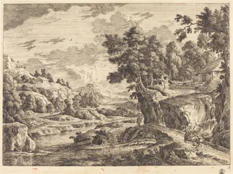 Paysage avec un pont et trois bâtiments de ferme
