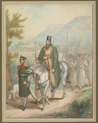 Soldats russes accompagnant un prêtre à cheval