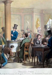 Table de Paris : vue du café du commerce : bourgeois parlant, jouant aux dominos. Lithographie de George Emanuel Opitz (1775-1841) XIXe siècle. Paris, Musée Carnavalet