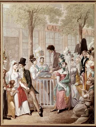 La terrasse du café de la Rotonde à Paris en 1814. Lithographie de George Emanuel Opitz (1775-1841)