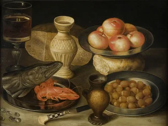 Nature morte avec cruche en grès de Siegburg, verre, couteau, deux pains, début du XVIIe siècle