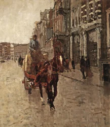 Rokin Westzijde : une charrette tirée par des chevaux sur le Rokin, Amsterdam