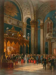 Hommage des officiers cosaques dans la salle du Trône, couronnement du tsar Alexandre II, Moscou, 1856.