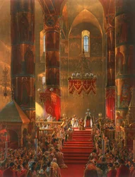 Le métropolite fait une génuflexion lors de la cérémonie du couronnement du tsar Alexandre II, Moscou, 1856.