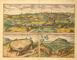 Dolmen près de Poitiers et ville de Poitiers et Montherre du Civitates Orbis Terrarum par Georg Braun