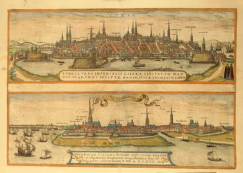 Carte de Lubeck et Hambourg de Civitates Orbis Terrarum par Georg Braun