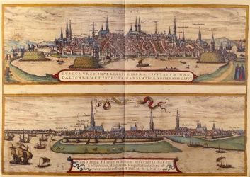 En haut vue de la ville de Lübeck, en bas la ville de Hambourg en Allemagne. Gravure de l