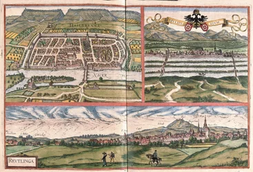 Heilbronn (Allemagne), Mulhouse (France) et Reutlingen (Allemagne) (gravure)